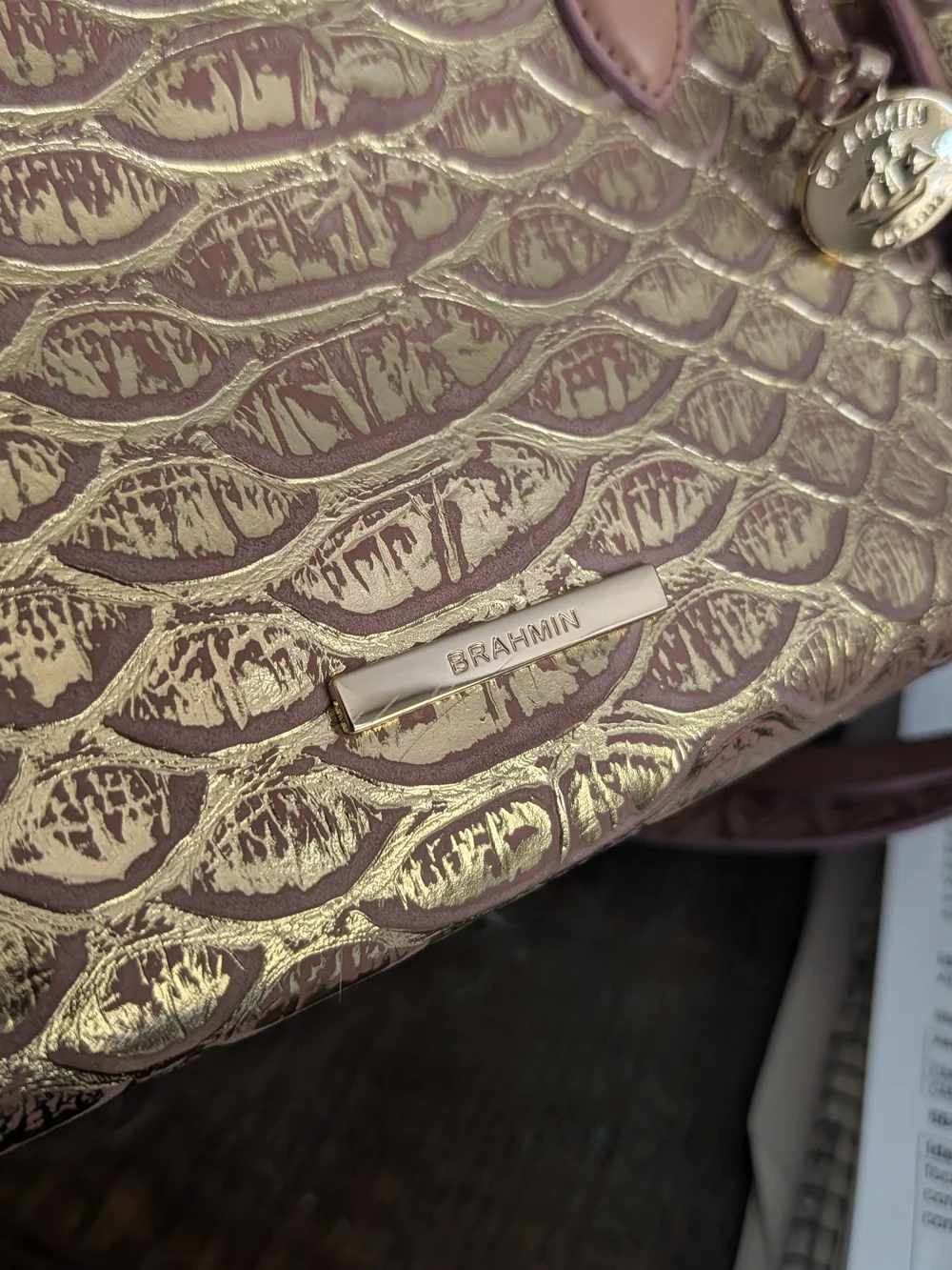 Brahmin Metallic Rose Gold Embossed Satchel
